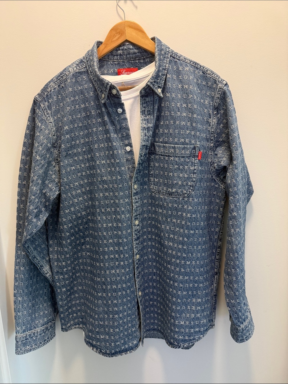Supreme Denim Button-Down Shirt in Blue with Subtle Logo Print
